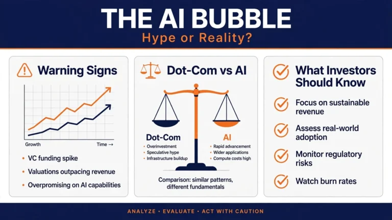 AI bubble infographic cover comparing warning signs, dot-com era, and investor guidance