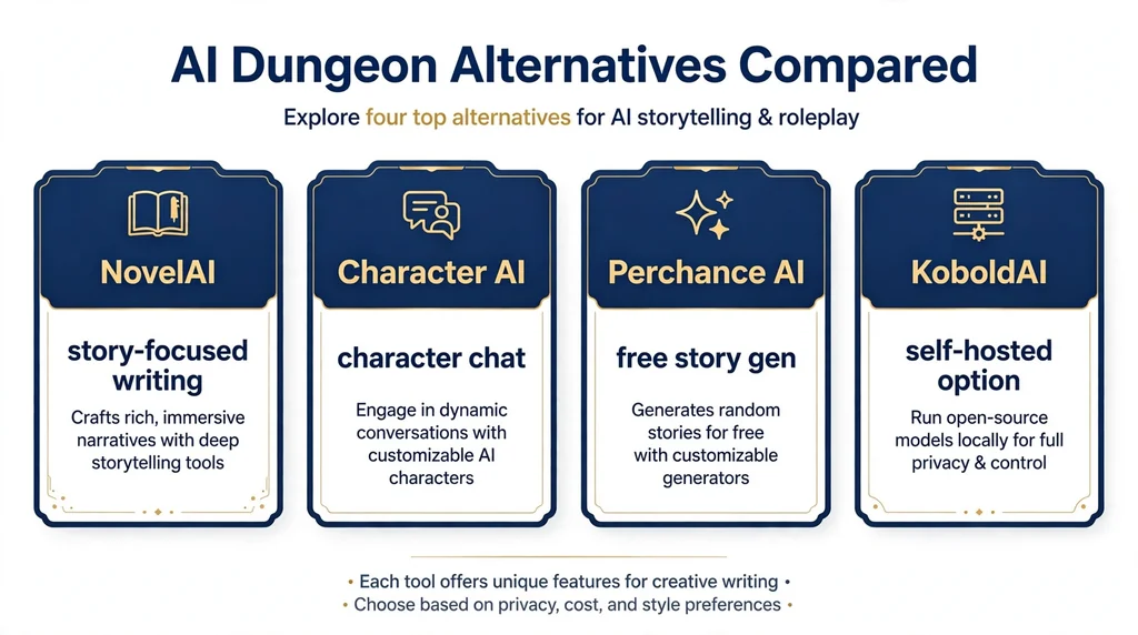 AI Dungeon alternatives comparison infographic: NovelAI, Character AI, Perchance, KoboldAI
