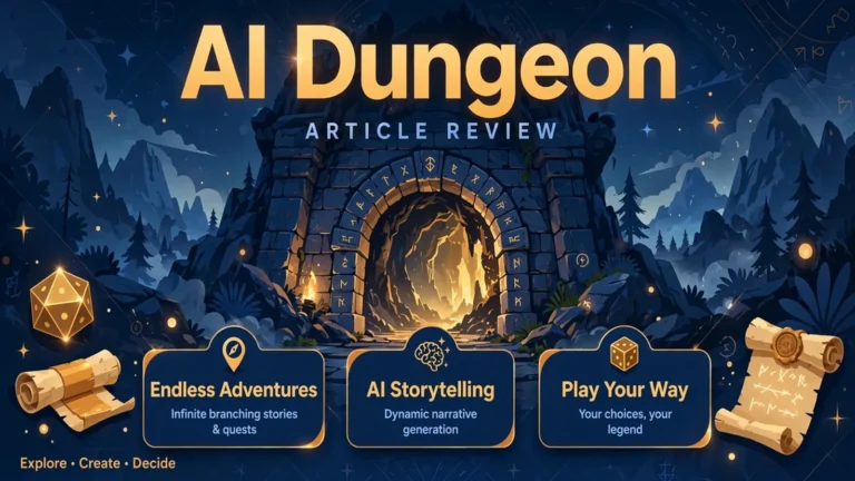 AI Dungeon review cover showing epic fantasy AI storytelling adventure features