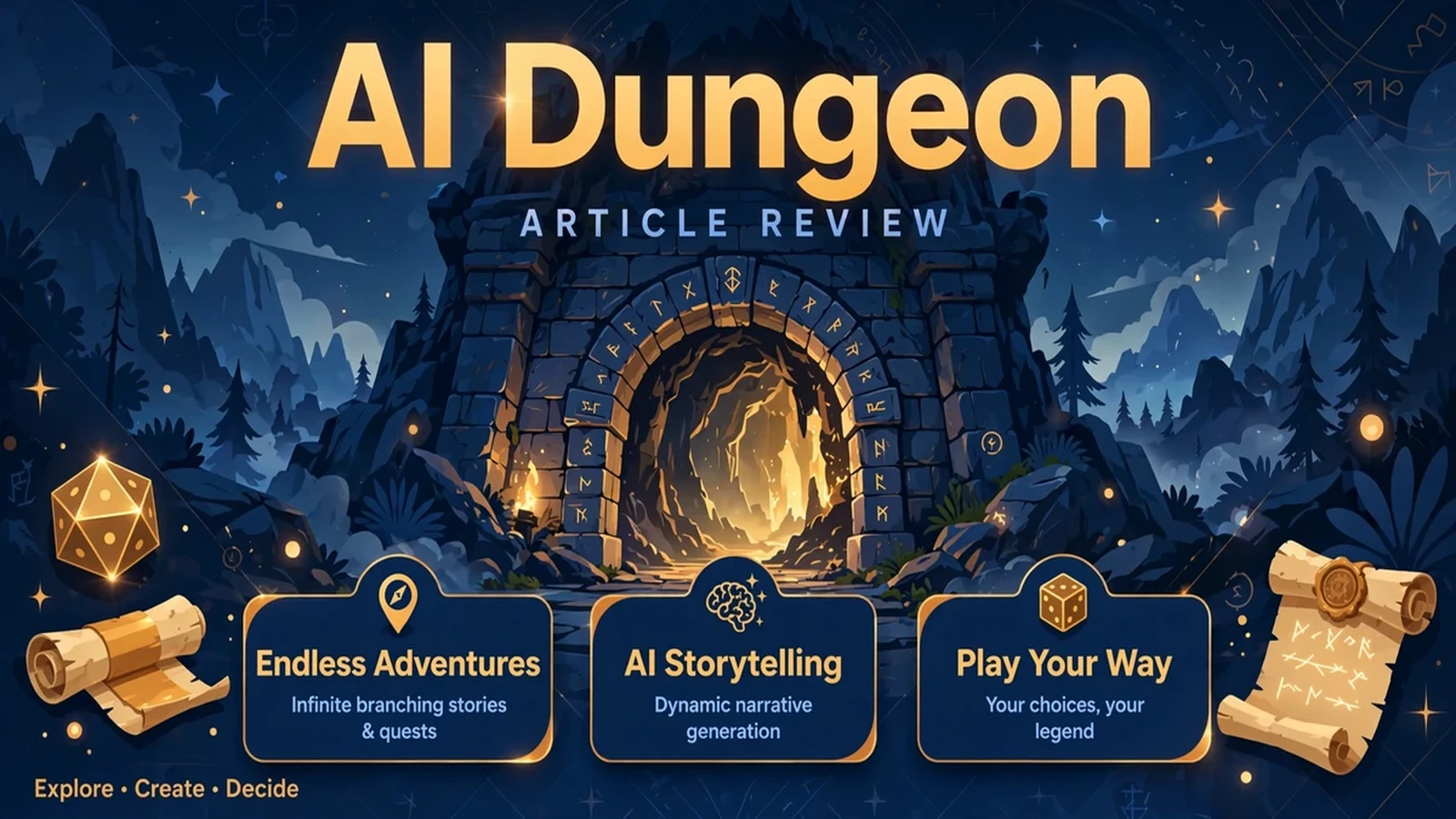 AI Dungeon review cover showing epic fantasy AI storytelling adventure features