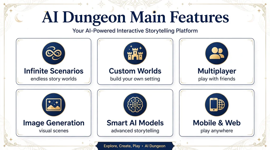 AI Dungeon features infographic: scenarios, custom worlds, multiplayer, image generation
