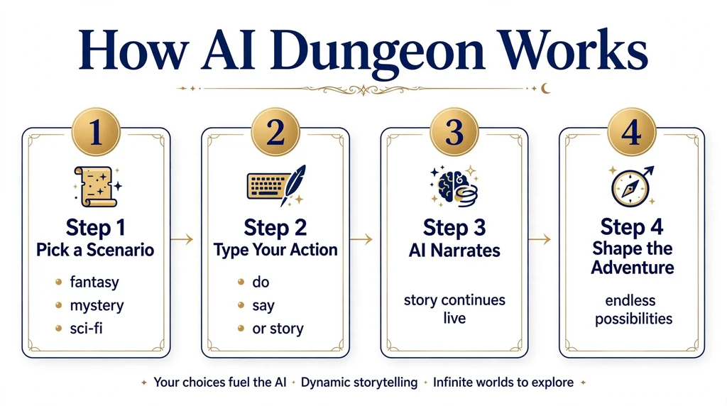 AI Dungeon how it works infographic: scenario, action, narration, adventure