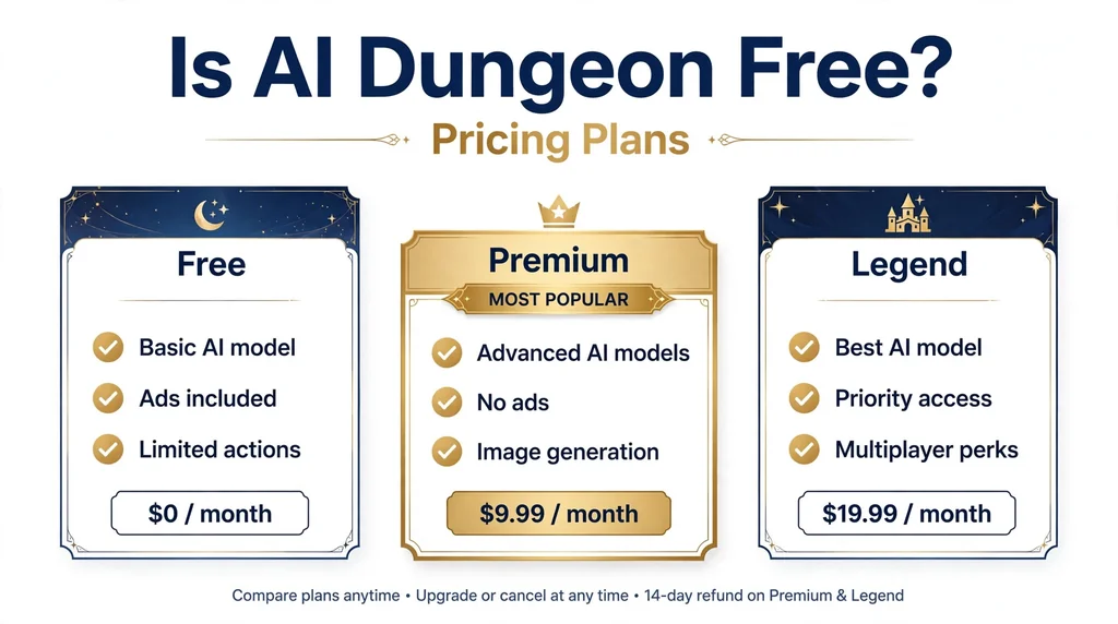 AI Dungeon pricing plans infographic: free, premium and legend tiers