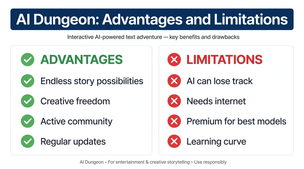 AI Dungeon pros and cons infographic with advantages and limitations