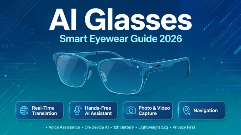 AI glasses featured image infographic showing smart eyewear features including translation, AI assistant, and photo capture