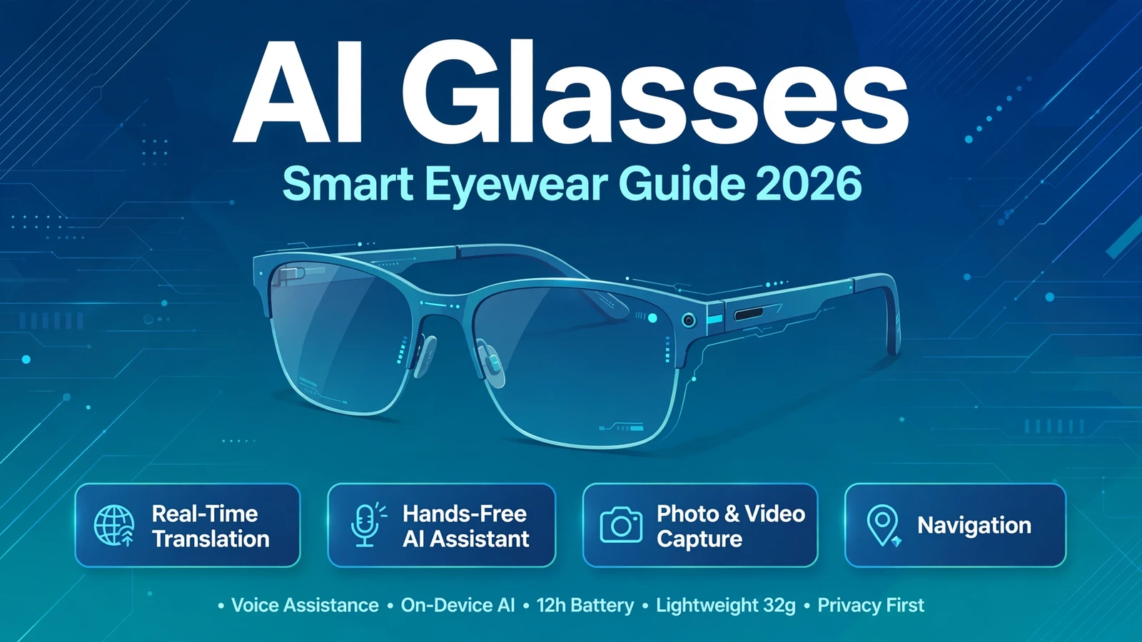 AI glasses featured image infographic showing smart eyewear features including translation, AI assistant, and photo capture