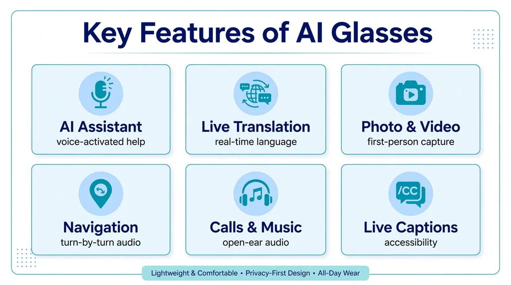 Infographic showing key features of AI glasses including assistant, translation, and navigation