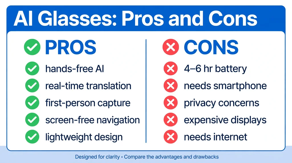 Infographic listing pros and cons of AI glasses