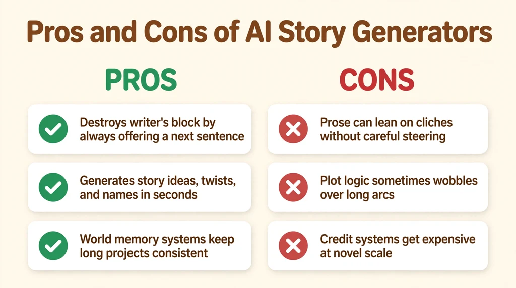 AI Story Generator pros and cons infographic