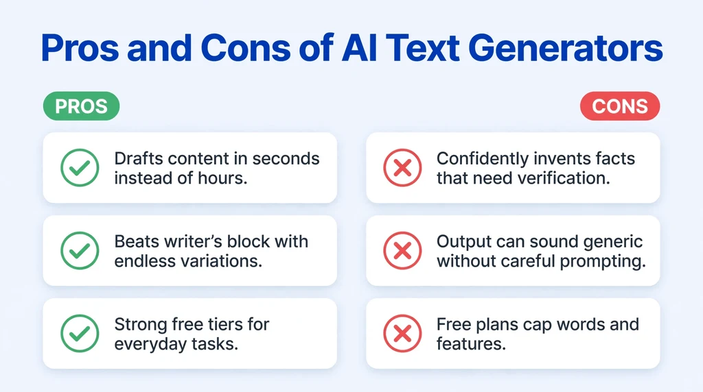 AI Text Generator pros and cons infographic