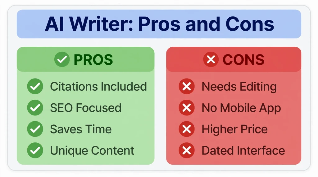 Pros and cons infographic comparison for AI writing tool