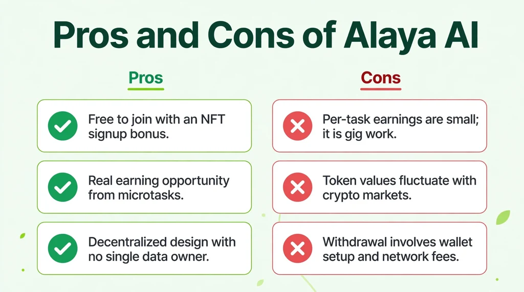 Alaya AI pros and cons infographic