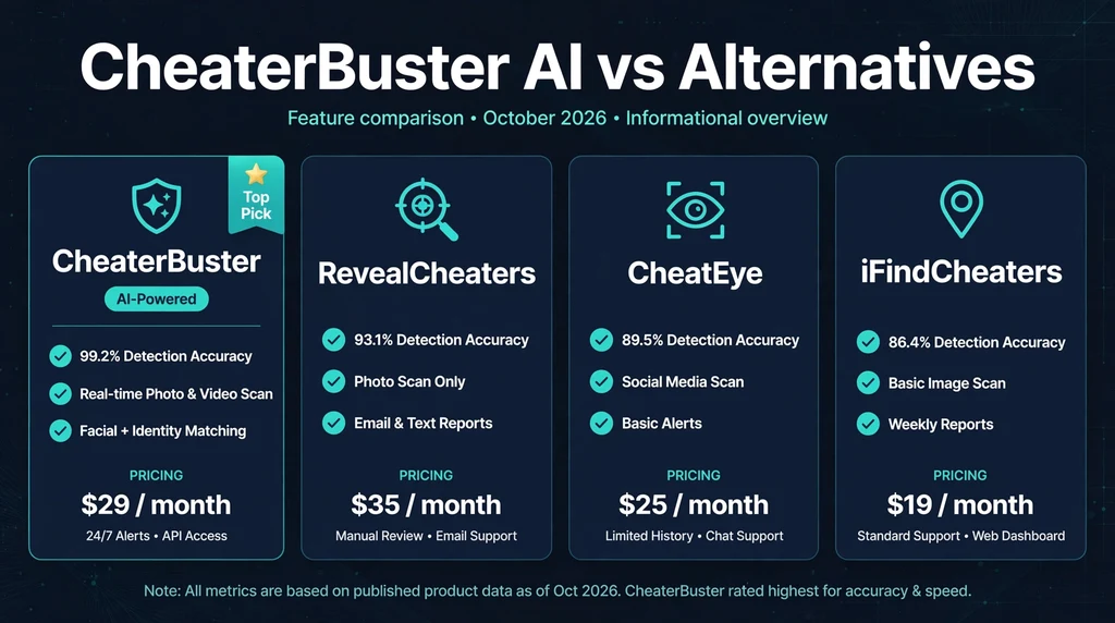 CheaterBuster AI versus alternatives: RevealCheaters, CheatEye, and iFindCheaters comparison
