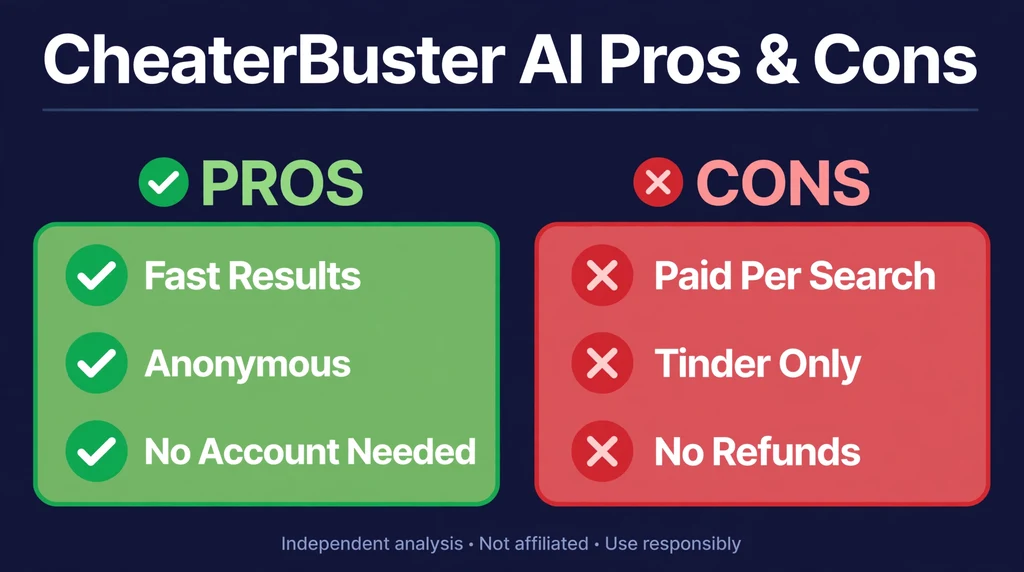 CheaterBuster AI pros and cons: fast anonymous results with no account needed, versus paid per search and Tinder-only coverage