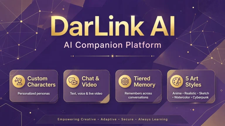 DarLink AI featured image infographic showing AI companion platform with custom characters and memory features