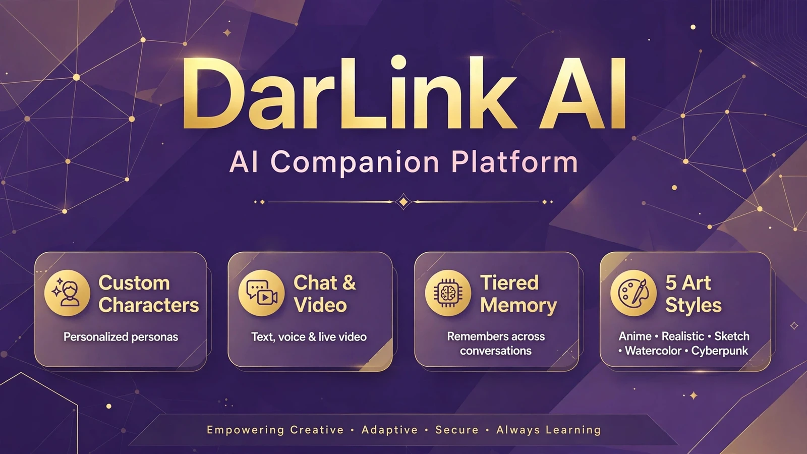 DarLink AI featured image infographic showing AI companion platform with custom characters and memory features