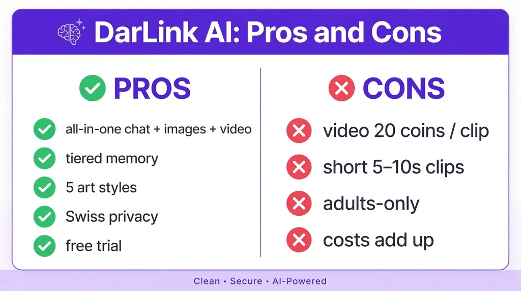 Infographic listing pros and cons of DarLink AI