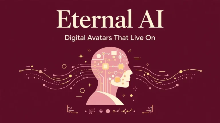 Eternal AI title card showing a digital avatar head with glowing data streams