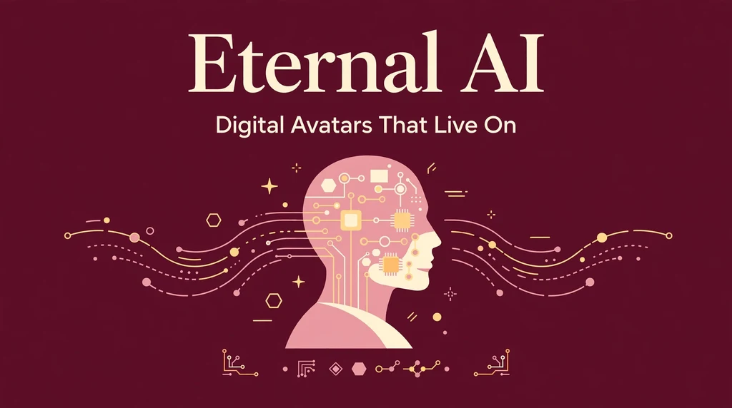 Eternal AI title card showing a digital avatar head with glowing data streams