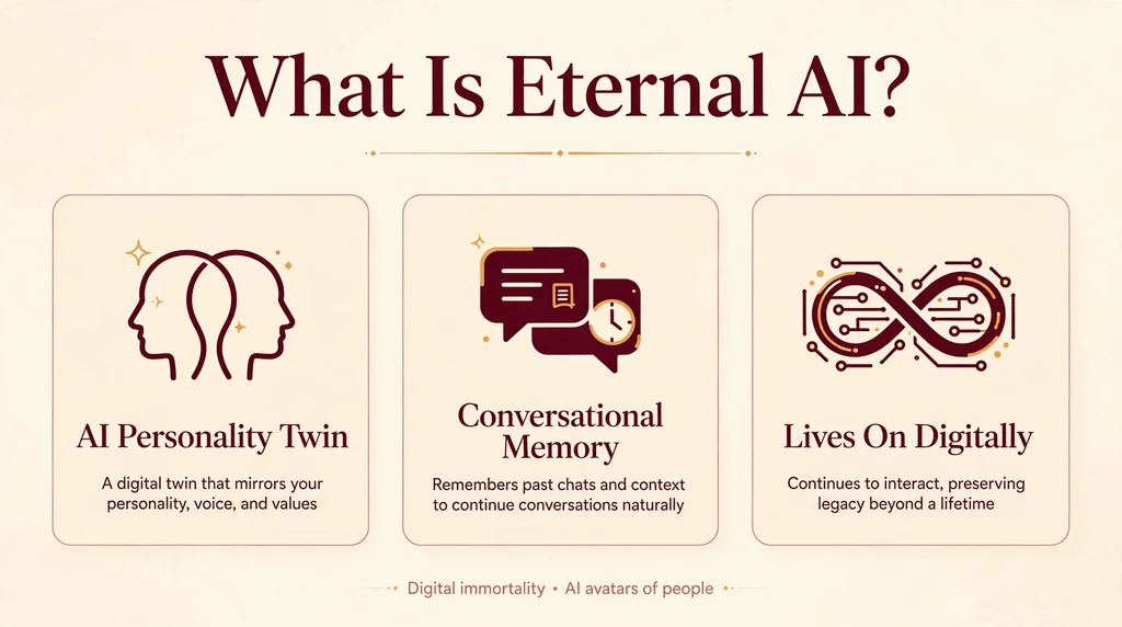 Explainer graphic showing Eternal AI as an AI personality twin with conversational memory that lives on digitally