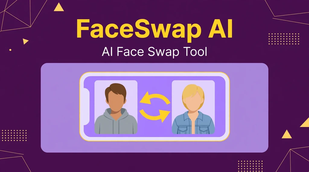 FaceSwap AI infographic showing face swap between two portrait photos with swap arrows