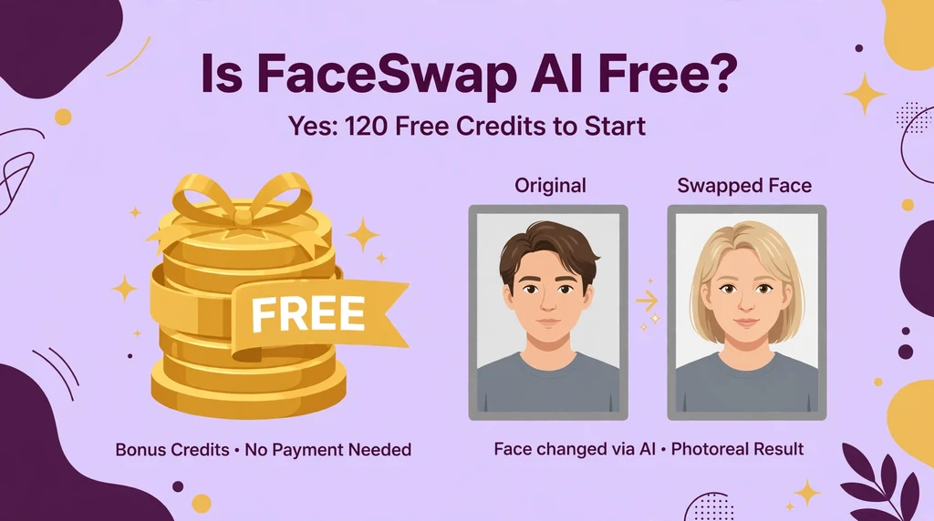 Is FaceSwap AI free infographic showing free credits gift and face swap example