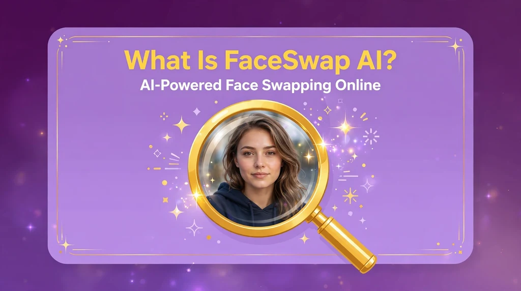 What is FaceSwap AI infographic with magnifying glass over portrait photo