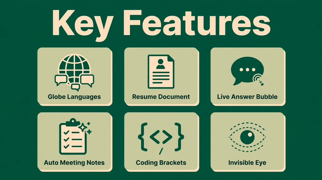 Key features of Parakeet AI - languages, resume upload, live answers, auto notes, coding support, invisibility