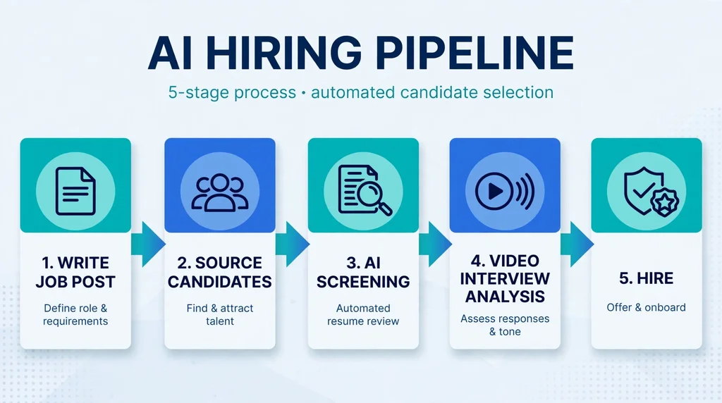 Diagram of the Flipped AI hiring pipeline: write job post, source candidates, AI screening, video interview analysis, hire