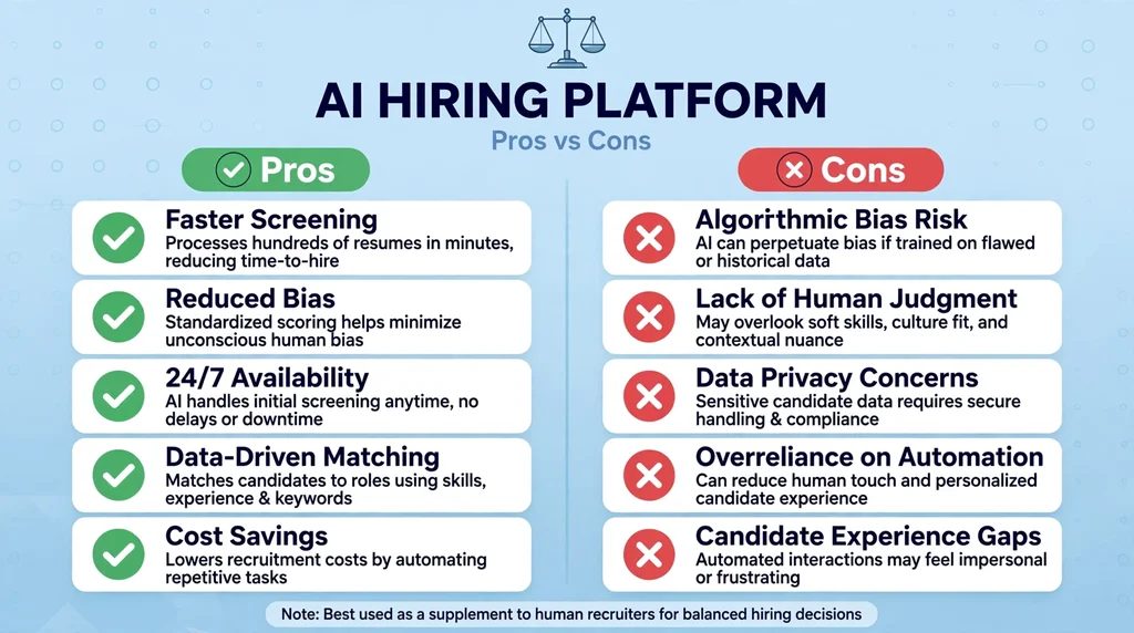 Two-column infographic of Flipped AI pros and cons for hiring teams
