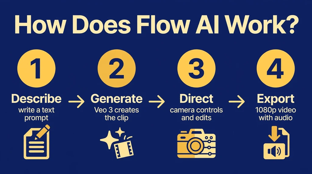 Four-step diagram showing how Flow AI works: describe, generate, direct, and export