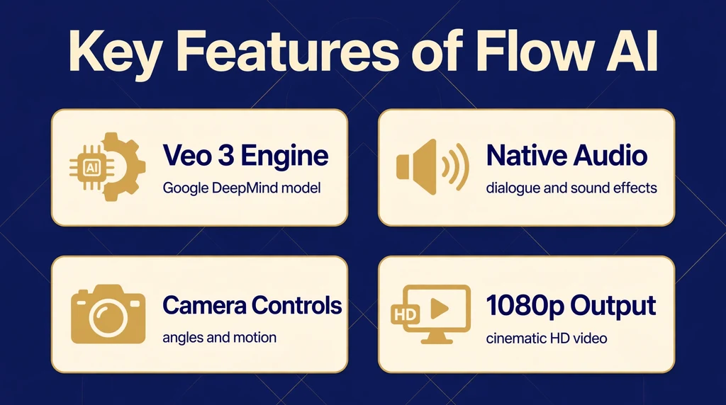 Grid showing the key features of Flow AI: Veo 3 engine, native audio, camera controls, and 1080p output