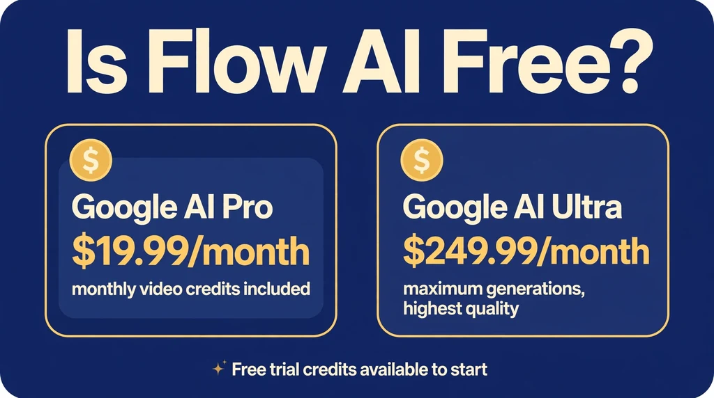 Pricing cards showing Google AI Pro at $19.99 per month and Google AI Ultra at $249.99 per month for Flow AI access