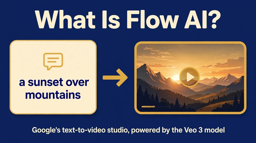 Illustration of a text prompt turning into a cinematic video frame, explaining what Flow AI is