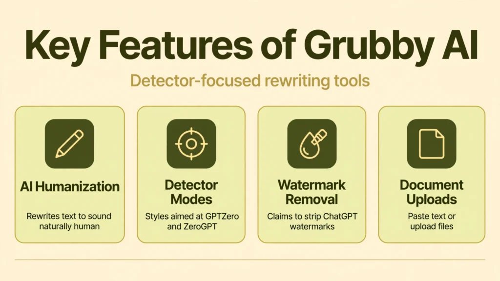 Grubby AI key features infographic