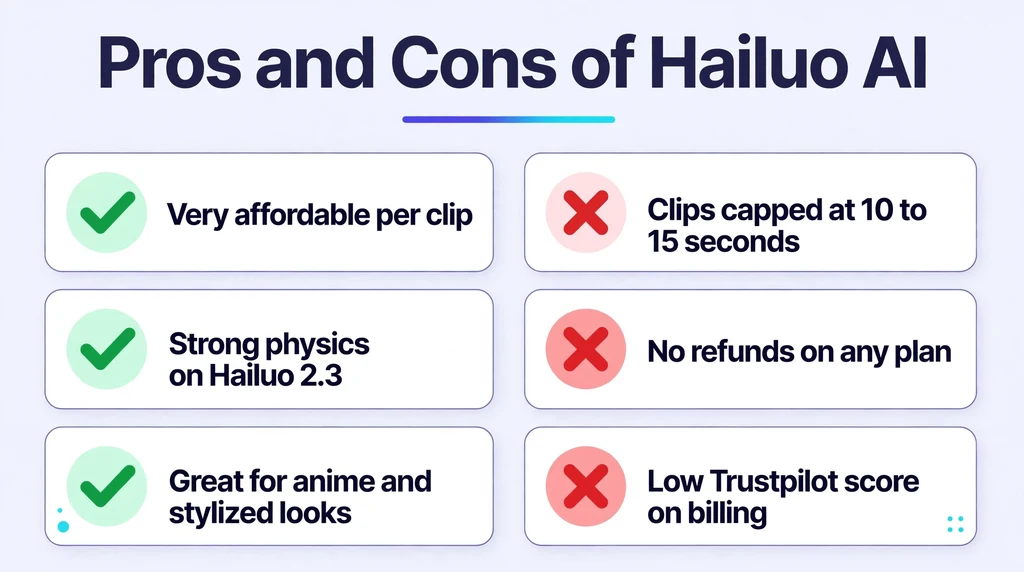Hailuo AI pros and cons infographic