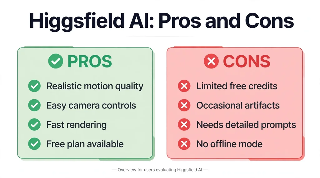 Higgsfield AI pros and cons infographic with advantages and limitations