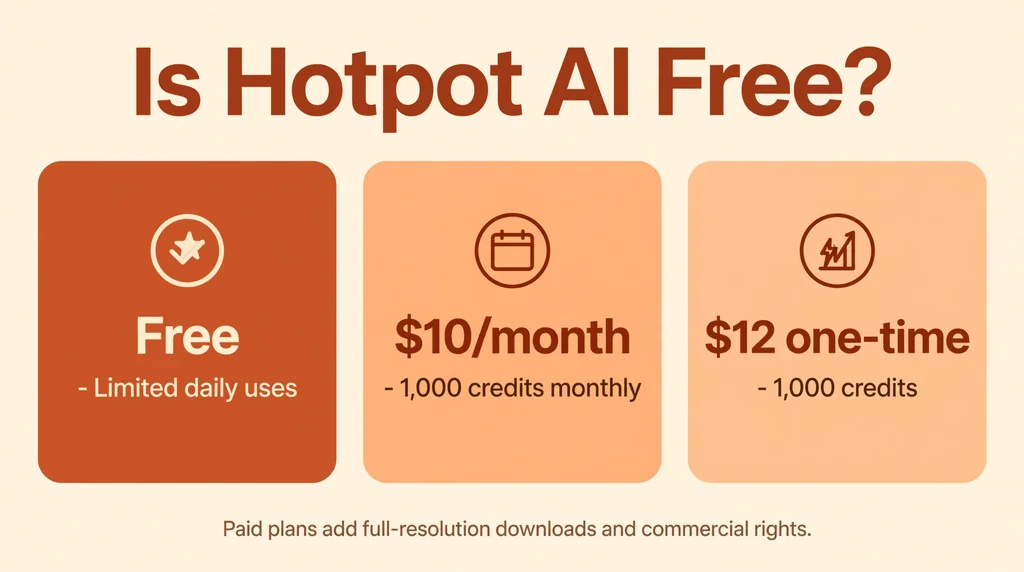 Is Hotpot AI Free infographic showing the free tier, the $10 per month plan and the $12 one-time 1,000 credit purchase