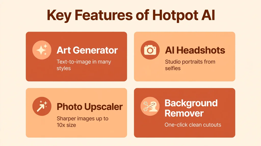 Key Features of Hotpot AI infographic grid: art generator, AI headshots, photo upscaler and background remover
