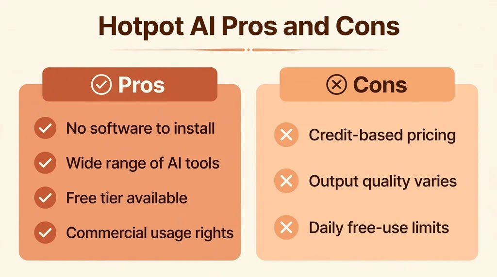 Hotpot AI Pros and Cons comparison infographic listing pros and cons of the Hotpot AI tools