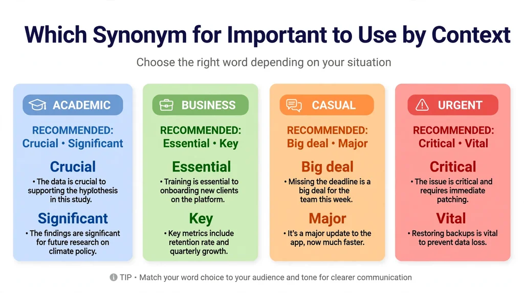 Guide showing which synonym for important to use in academic, business, casual and urgent contexts