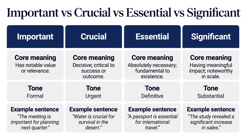 Comparison table showing differences between important, crucial, essential and significant