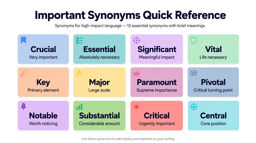 Quick reference grid of 12 important synonyms with meaning hints