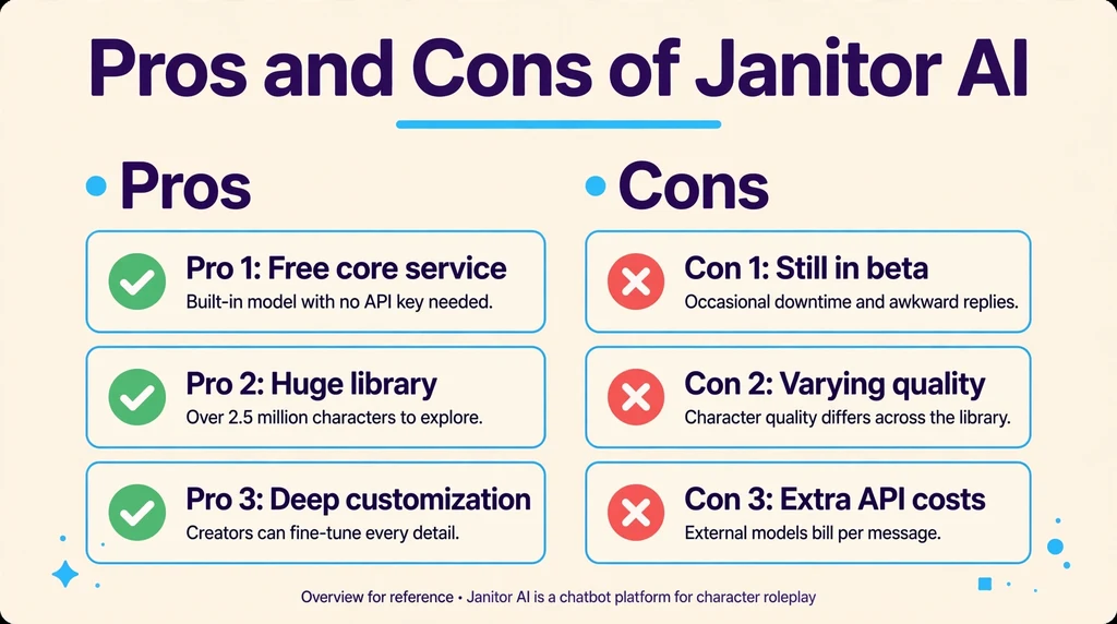 Janitor AI pros and cons infographic