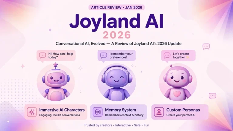 Joyland AI 2026 review cover showing immersive AI character chat features