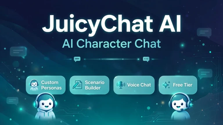 JuicyChat AI featured infographic cover showing AI character chat with custom personas, scenario builder, voice chat, and free tier badges