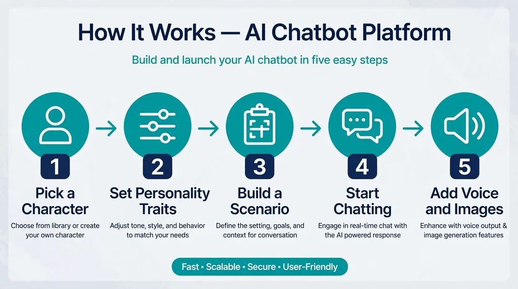Infographic showing how AI character chat works: pick a character, set personality traits, build a scenario, start chatting, add voice and images