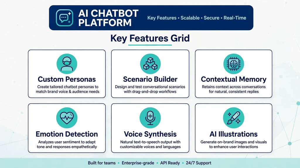 Infographic grid of key AI chat features: custom personas, scenario builder, contextual memory, emotion detection, voice synthesis, AI illustrations