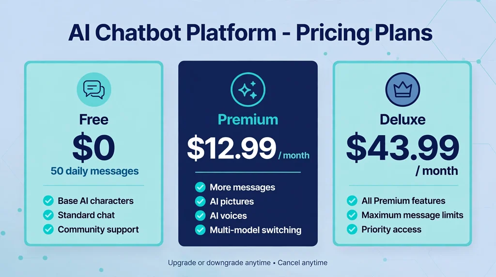 Infographic comparing JuicyChat AI pricing plans: Free 50 daily messages, Premium $12.99 per month, Deluxe $43.99 per month