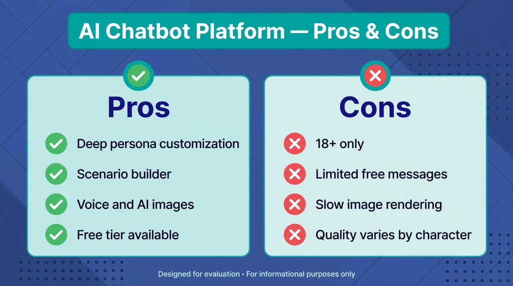 Two-column infographic comparing JuicyChat AI pros and cons